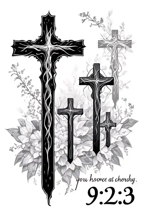 the verse mark 9:23 with three crosses in the back tattoo design idea