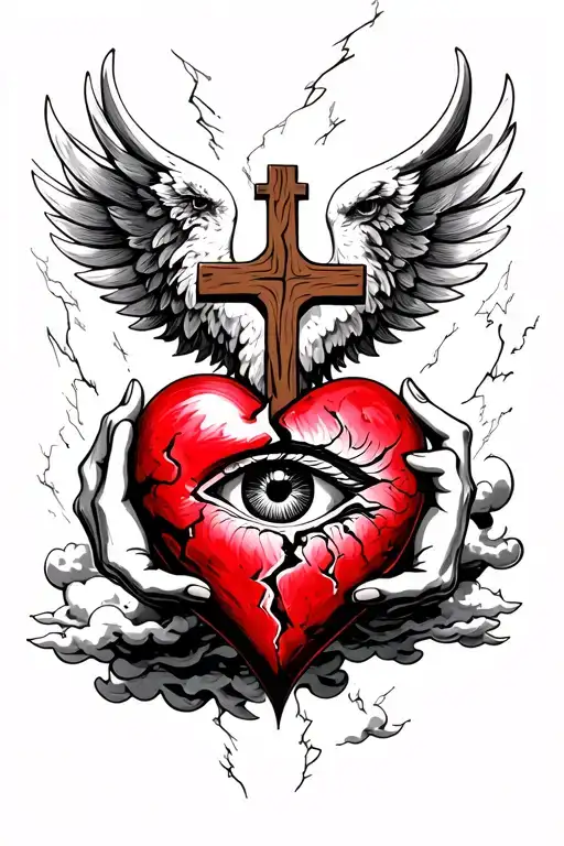 angle holding a broken heart, with a wooden cross and a eye in it, and surrounded storm clouds  tattoo design idea