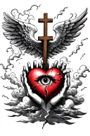 angle holding a broken heart, with a wooden cross and a eye in it, and surrounded storm clouds  tattoo design idea