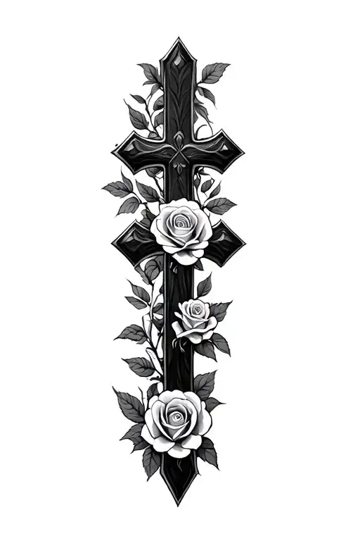 cross and roses intertwined tattoo design idea