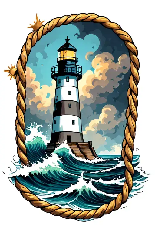 lighthouse with stormy seas and rope border tattoo design idea