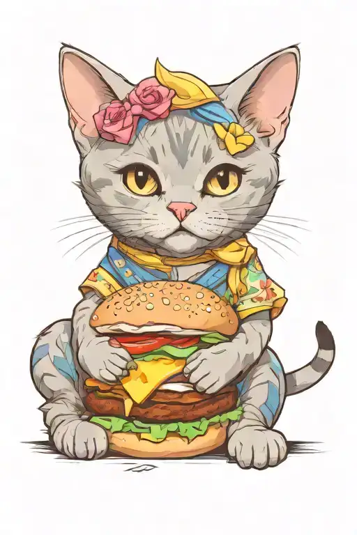 Cute British Shorthair Short footed Blue Cat, McDonald's Burger, Miami Gloves in CSGO, Diamond, Sun tattoo design idea