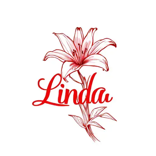 the word "Linda" in cursive and a lily in red tattoo design idea