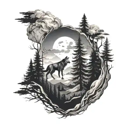 pine trees around forearm, nature, trees, mountains, wolves, bears, rivers, deer, moon, landscape full arm sleeve tattoo design idea