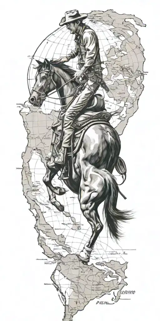 cowboy riding a dark horse across a map of the world made tattoo design idea