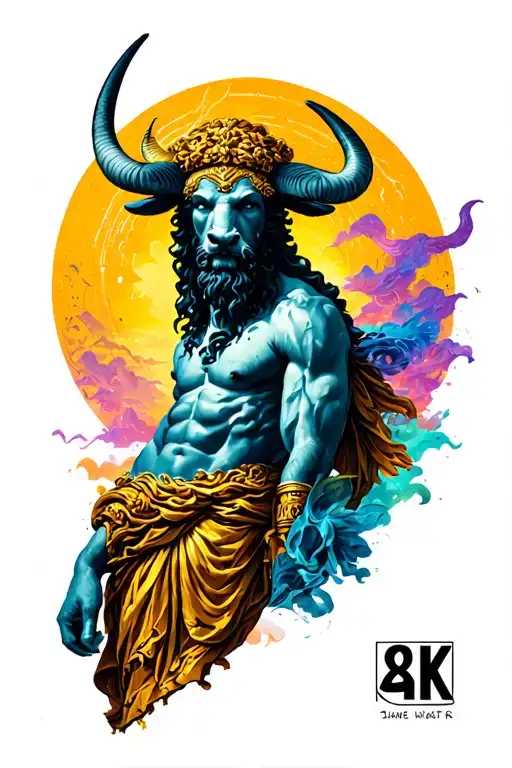 Ancient Greek style semi-realism neon colour background tattoo sleeve with a Minotaur and a Greek god tattoo design idea