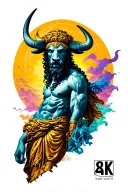 Ancient Greek style semi-realism neon colour background tattoo sleeve with a Minotaur and a Greek god tattoo design idea