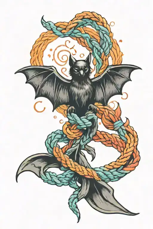 Black bat with rainbow bdsm rope intertwined symbolizing tattoo design idea