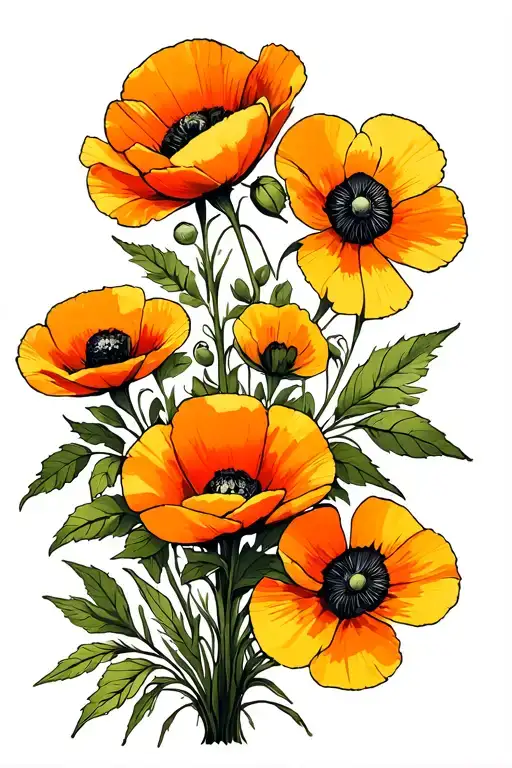 Gabon gray, lilk flowers, poppy, tree, dream catch tattoo design idea