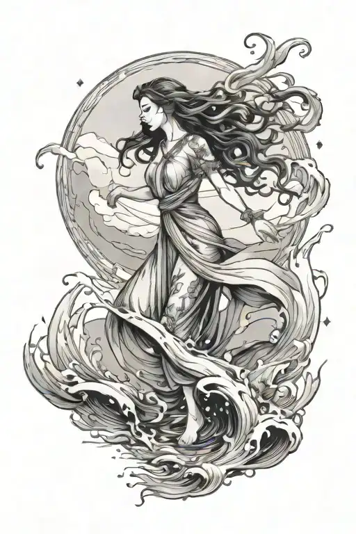 goddess like woman walking on water in flowy dress tattoo design idea