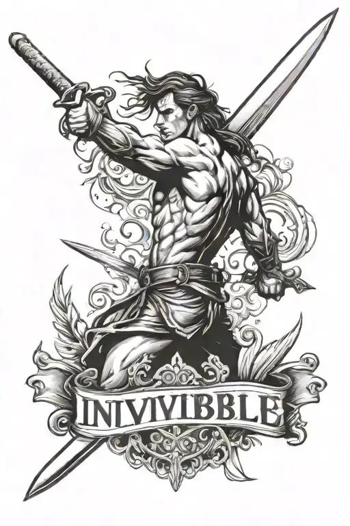 The word Invincible with a sword through it horizontally  tattoo design idea