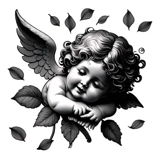 "Jade" Rose petals with a happy cherub on them  tattoo design idea