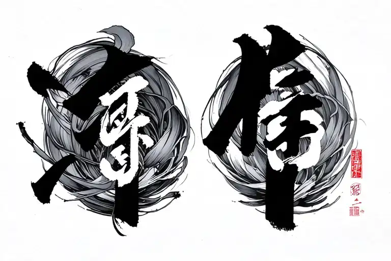 Front and side neck tattoo design in traditional Japanese Shodo style. Flowing vertical ink brush calligraphy tattoo design idea