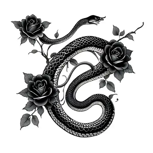 a dainty snake with black roses intertwined tattoo design idea