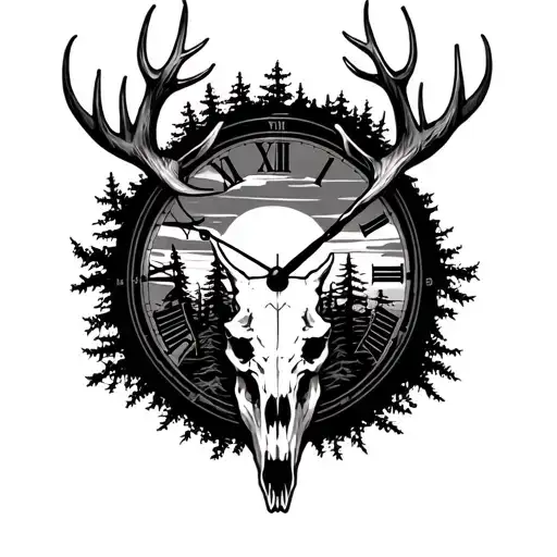 forest, elk skull, sunset, clock tattoo design idea