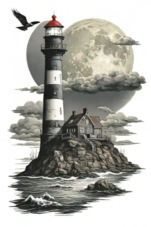 lighthouse by the ocean with moon  tattoo design idea