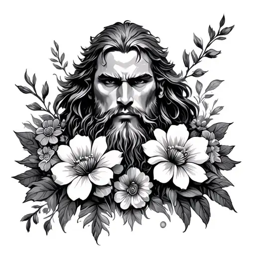 Norse man surrounded by flowers tattoo design idea