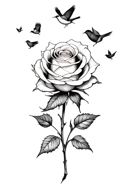 A beautiful rose that looks a little goth-ish. just a little though. and some little birds around it tattoo design idea