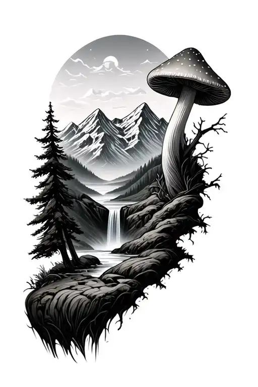 a mushroom with a mountain scene and waterfall tattoo design idea