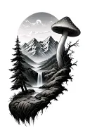a mushroom with a mountain scene and waterfall tattoo design idea