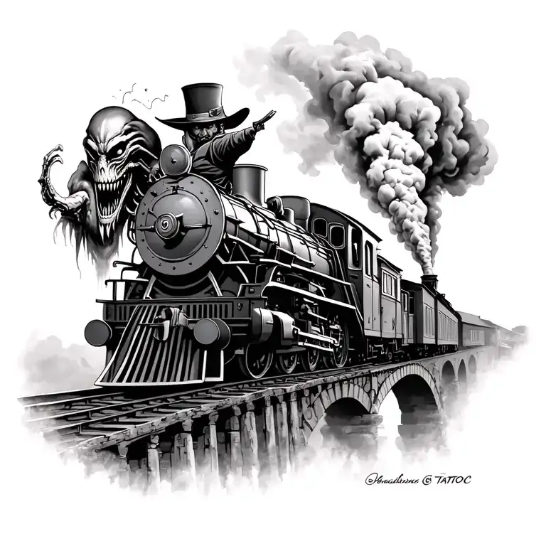 steam train facing the right over a bridge with cowboy on top blasted in chest, pointing his gun at an alien creature tattoo design idea