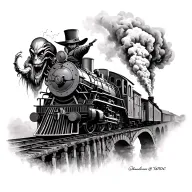 steam train facing the right over a bridge with cowboy on top blasted in chest, pointing his gun at an alien creature tattoo design idea