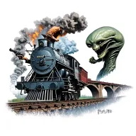 steam train facing the right over a bridge with cowboy on top blasted in chest, pointing his gun at an alien creature tattoo design idea