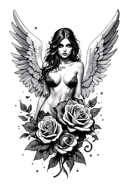 roses, fallen angel, scary and sexy tattoo design idea