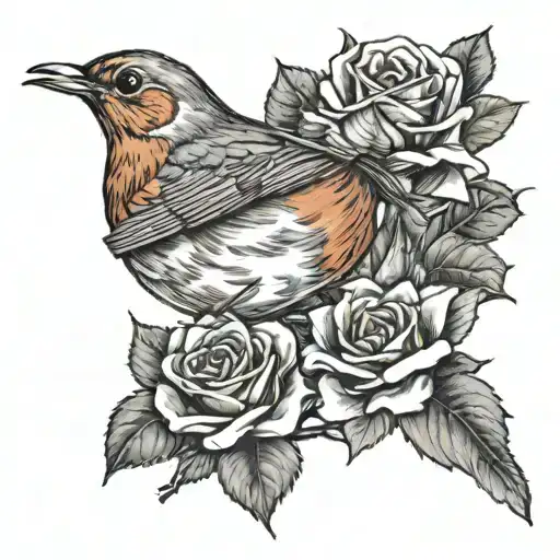 robin bird holding a rose in its mouth  tattoo design idea