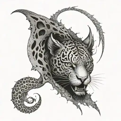 A mystical tigrou creature emerging from a dark portal tattoo design idea