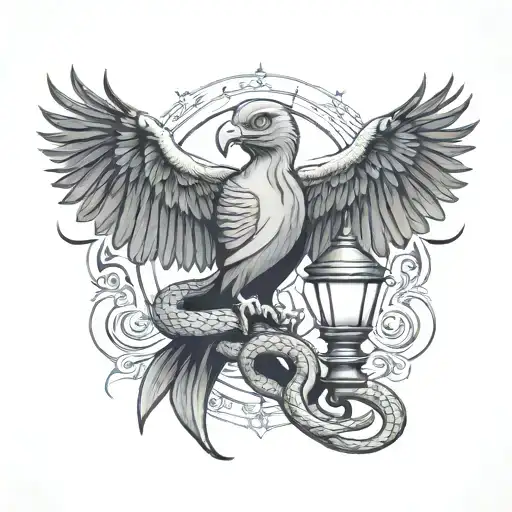 lamp, vulture and snake wrapped tattoo design idea