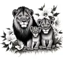 lion, lioness, 2 lion cubs surrounded by daffoldil, poppies and holly flowers tattoo design idea