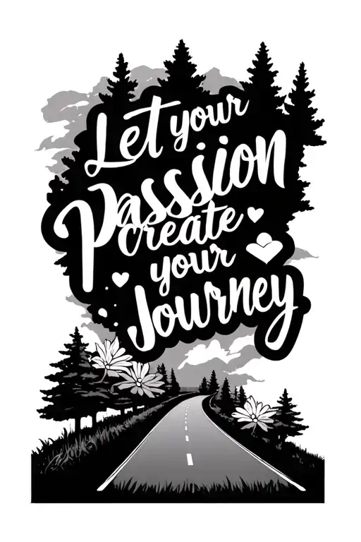words "let your passion create your journey" with a long highway road  and some trees and flowers  tattoo design idea