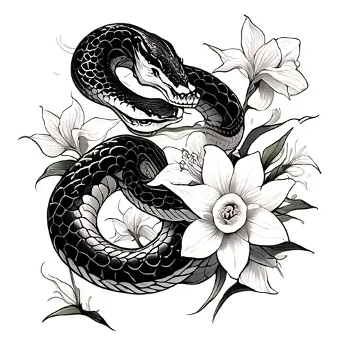 Chinese snake and daffodils tattoo design idea