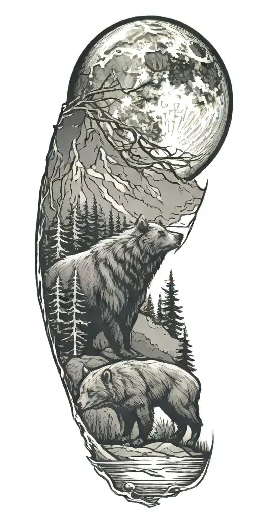 nature, bear, wolf howling at the moon tattoo design idea
