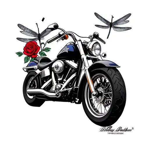 Harley Davidson motorcycle with Dallas cowboy logo and some dragonflies and red roses  tattoo design idea