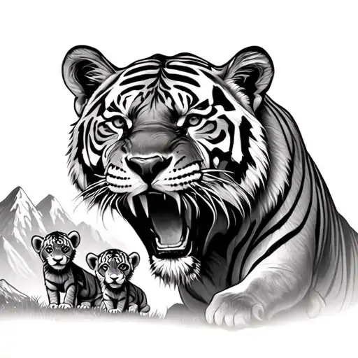 roaring tiger with 3 cubs playing with mountains tattoo design idea