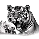 roaring tiger with 3 cubs playing with mountains tattoo design idea