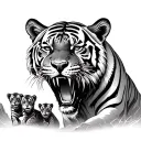 roaring tiger with 3 cubs playing with mountains tattoo design idea