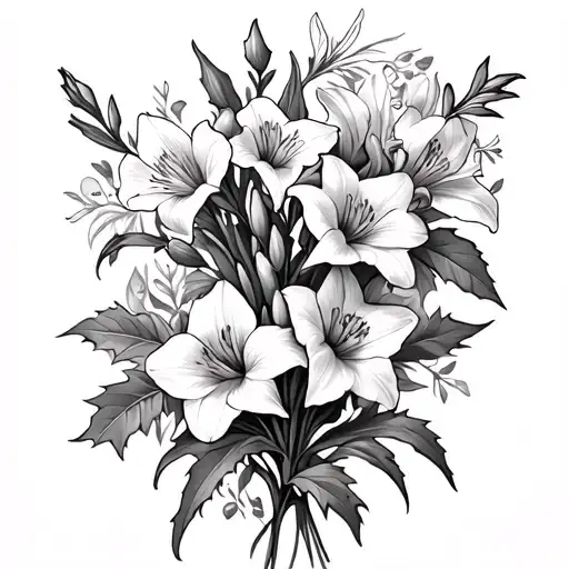 Gladiolus and dafodils and holly and violets tattoo design idea