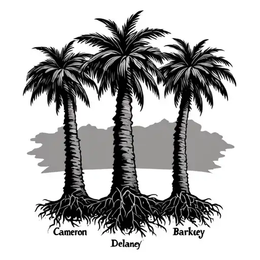 3 palm trees, the name Cameron as the trunk on left tree, Delaney as the trunk on the right tree, Barkley as the roots tattoo design idea