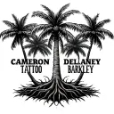 3 palm trees, the name Cameron as the trunk on left tree, Delaney as the trunk on the right tree, Barkley as the roots tattoo design idea