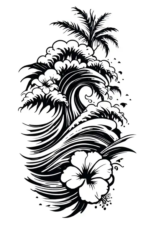 waves with beach and hibiscus tattoo design idea
