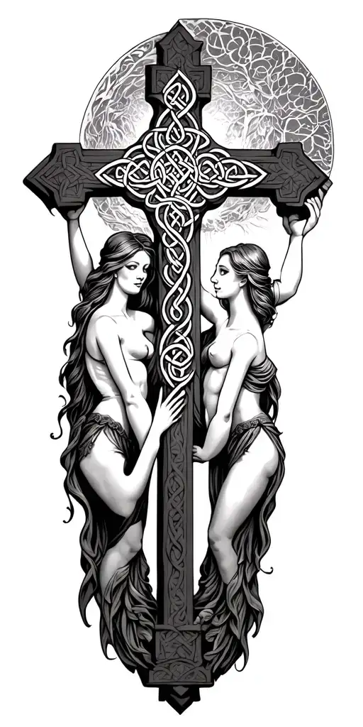 2 Celtic women on each side holding a large stone Celtic cross.  tattoo design idea