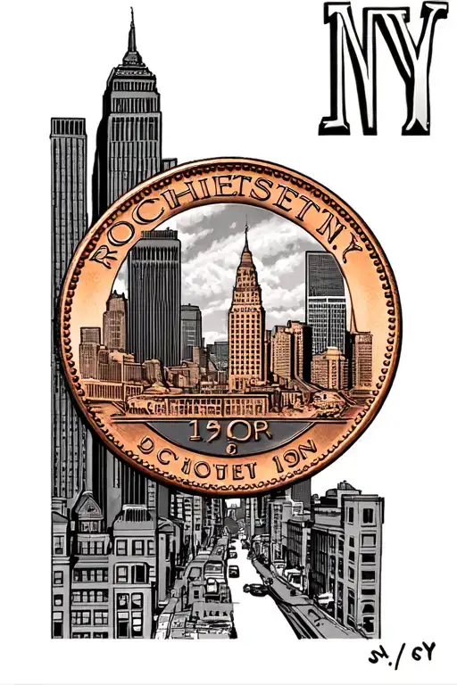 "Rochester NY" Create a tattoo design for the city of Rochester, NY, inspired by a pressed penny. The design should incorporate the cit tattoo design idea