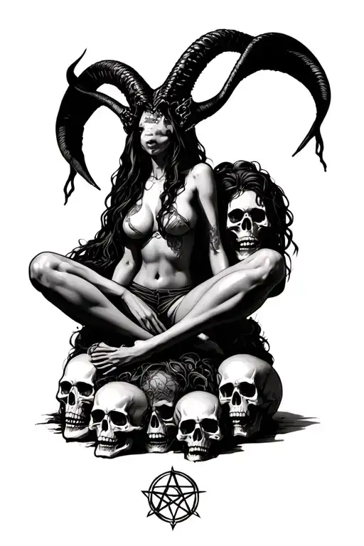 Baphomet woman siting on a pile of skulls, it must be a pentagram and a voodoo simbol too.  tattoo design idea