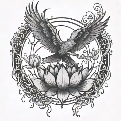 Broken Chains at the Base, Phoenix Rising  above, broken Mirror Reflection, Lotus Flower  tattoo design idea