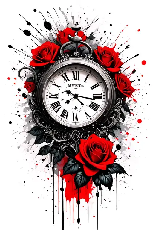 clock with roses tattoo design idea