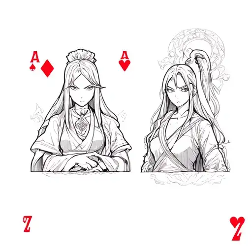 2 and 7 poker hand, large tattoo design. Kaguya (Naruto) and Imu (One Piece) around the cards with godlike presence tattoo design idea