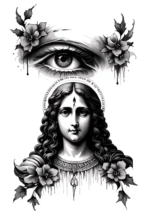 Santa Luzia patron saint of the sides shadows, eye with tear, XIII, phrase "eyes are the window of the soul", stained up tattoo design idea
